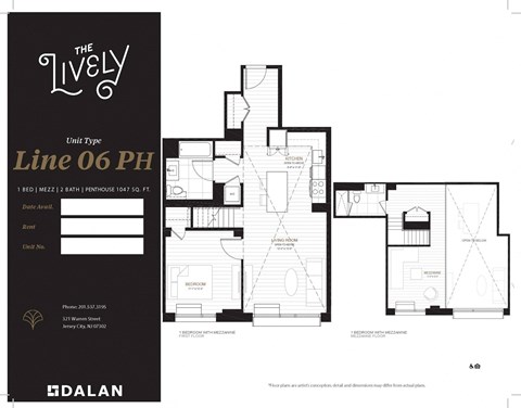 Floor plan for 1 bed, 2 baths, 1047 sqft
